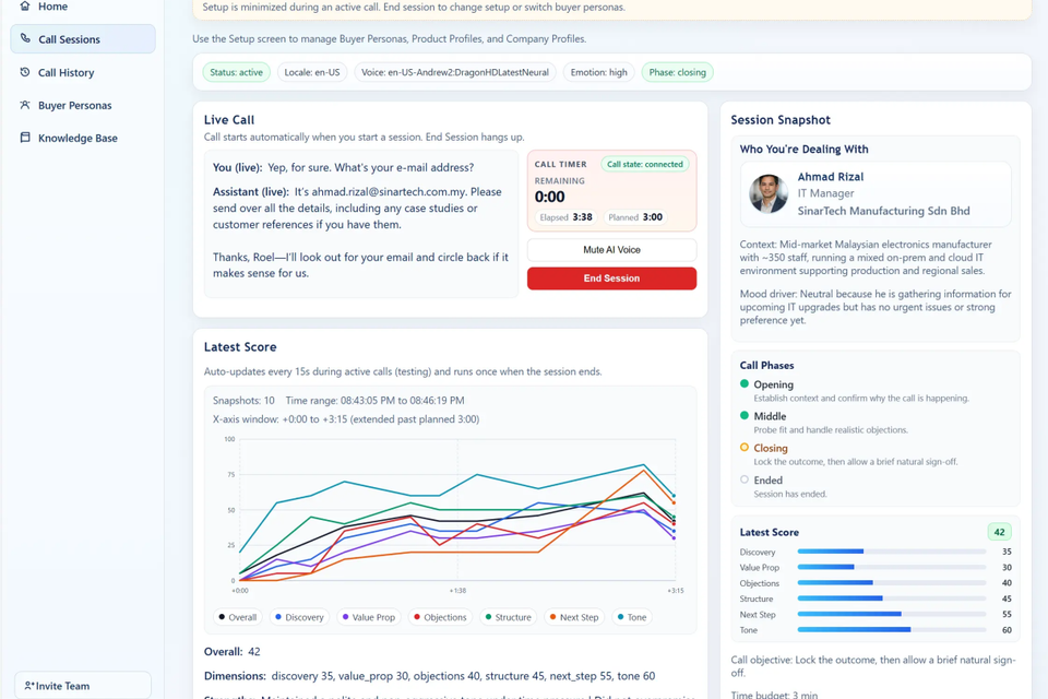 Overview of a live call. Instant feedback to the seller to improve his practice.