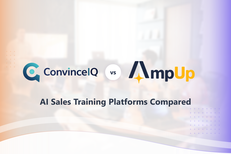 ConvinceIQ 与 AmpUp 标志并列展示，上方文字为“AI 销售培训平台对比”
