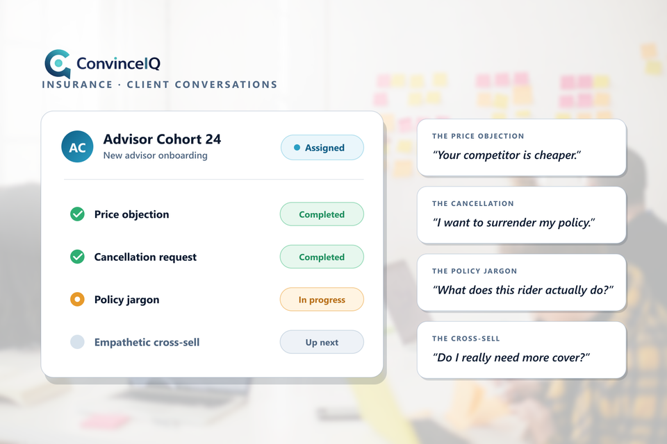 Four insurance client conversation cards — price objection, cancellation, jargon and cross-sell — beside a weekly practice plan checklist.