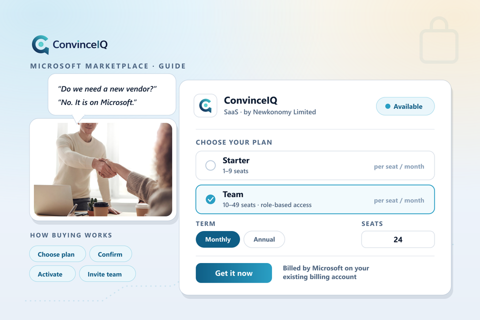 ConvinceIQ plan picker showing the Starter and Team plans, a monthly term and a Get it now button, billed by Microsoft
